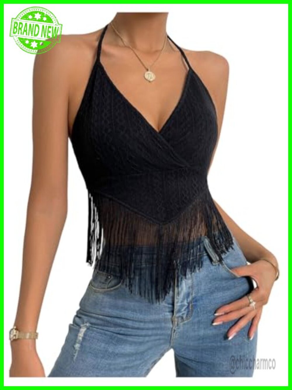 SweatyRocks Fringe Halter Crop Top Sleeveless V-Neck Western Cowgirl